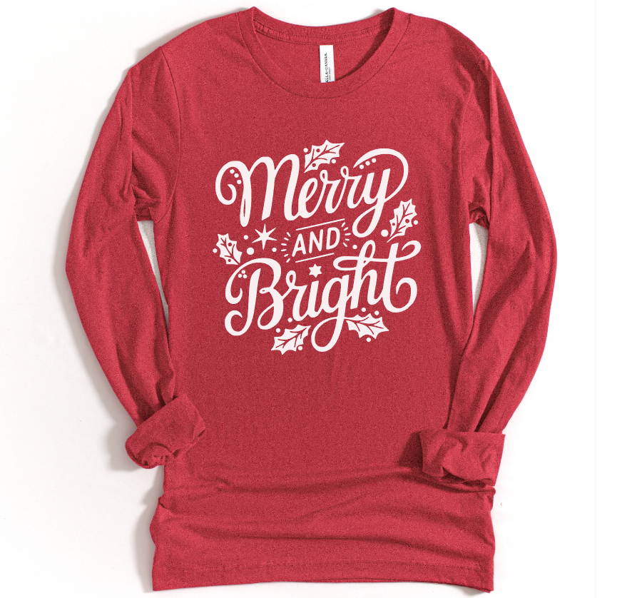 *LIMITED EDITION* MERRY & BRIGHT  - UNISEX LONG SLEEVE TEE - VINTAGE RED